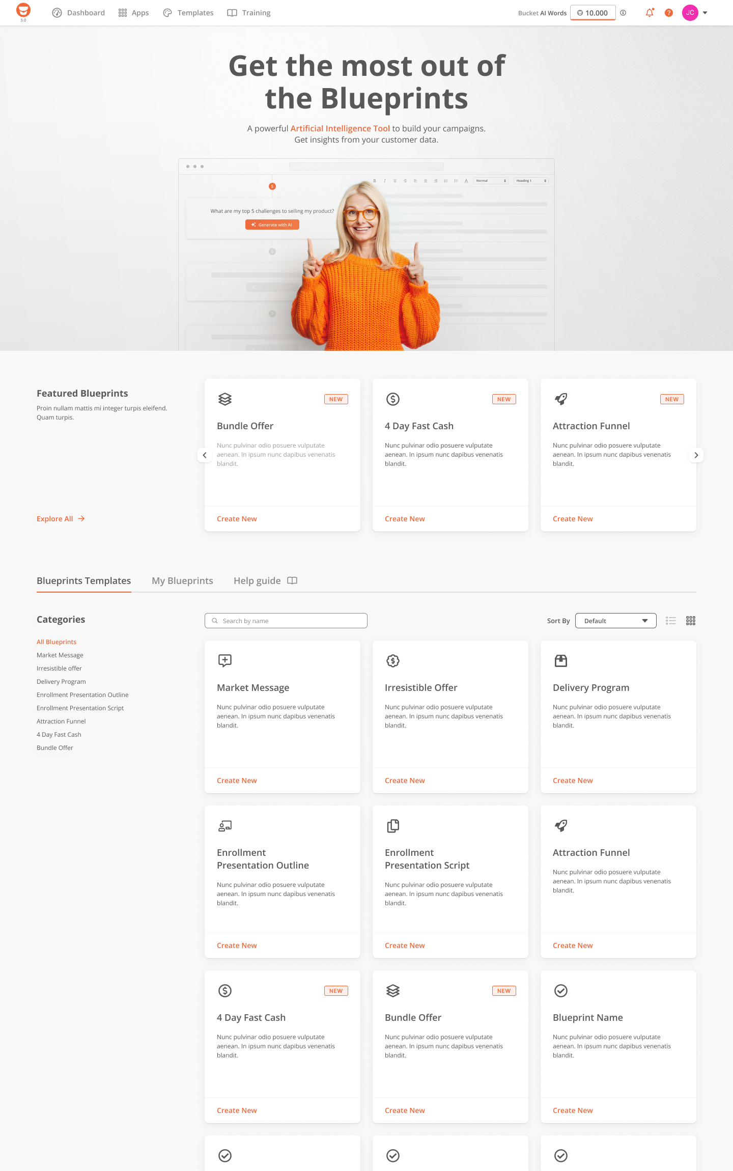 Redesigned blueprint templates page with category sidebar, search, and organized card grid for quick blueprint selection