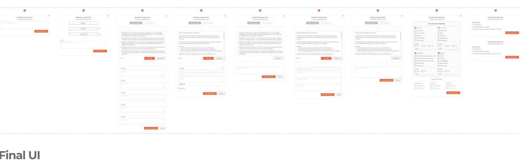 Component library showing 10+ question type variants, form states, AI content panels, and configuration elements used across the guided funnel