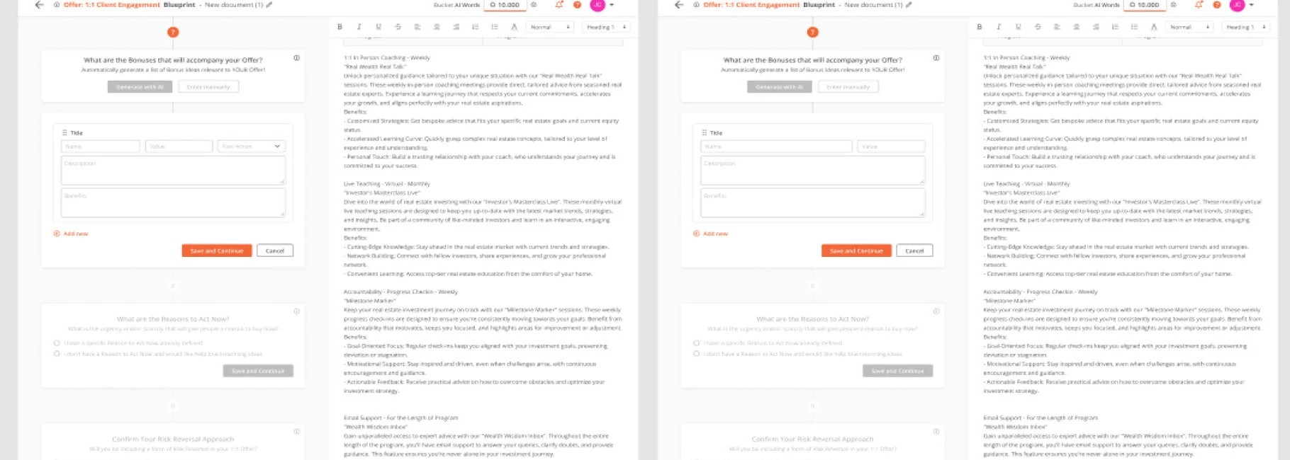 High-fidelity final UI showing Option 1 and Option 2 side by side — blueprint editor with AI-generated content, guided questions, and form configuration