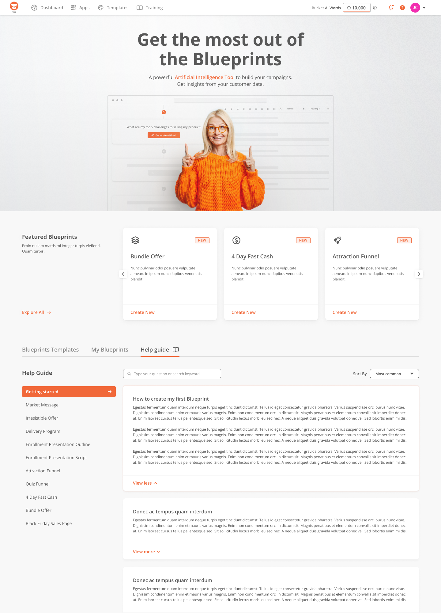 Integrated help guide with contextual documentation for blueprint creation workflow