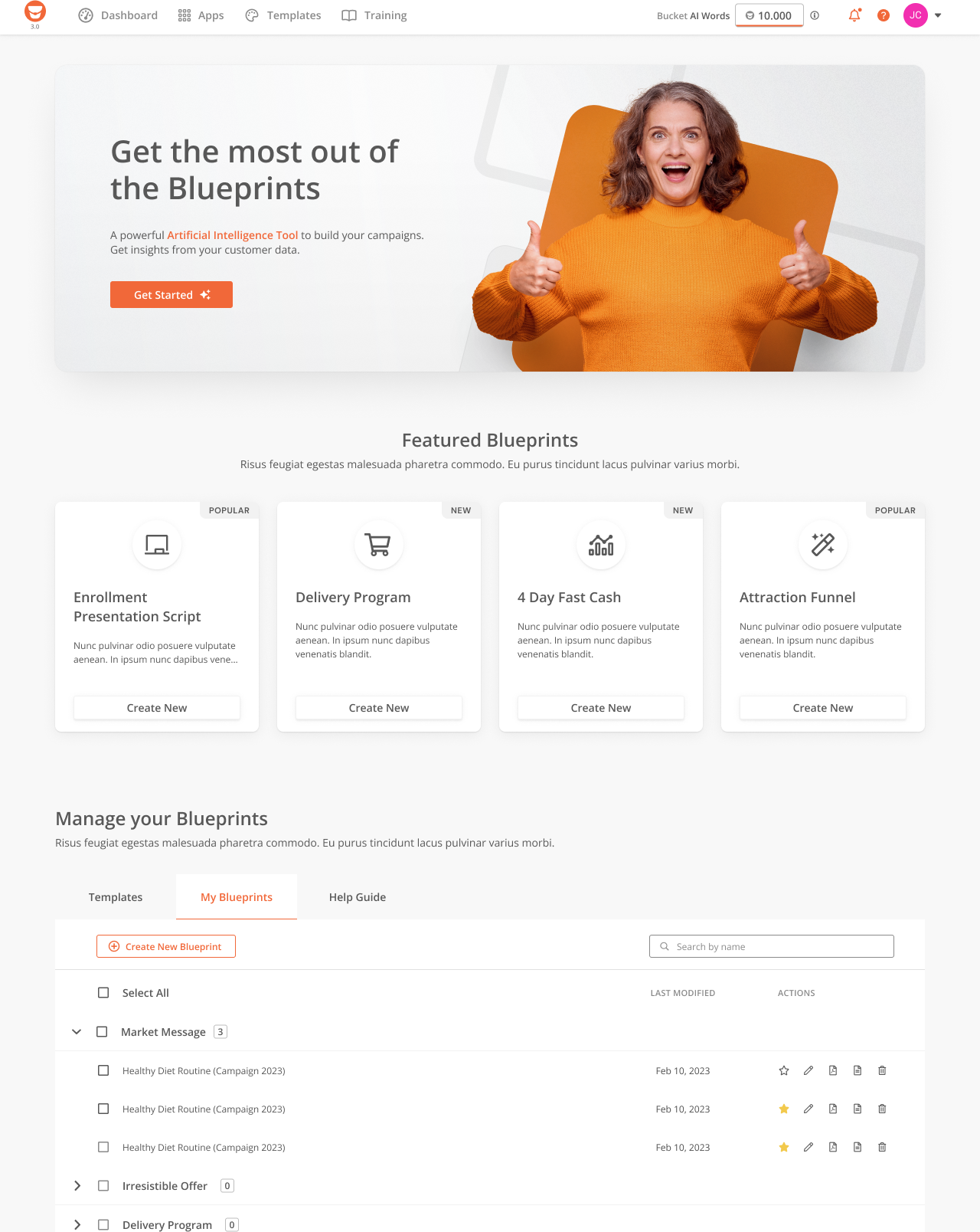 Bucket.io blueprint dashboard — AI-powered content generation platform with featured templates and blueprint management