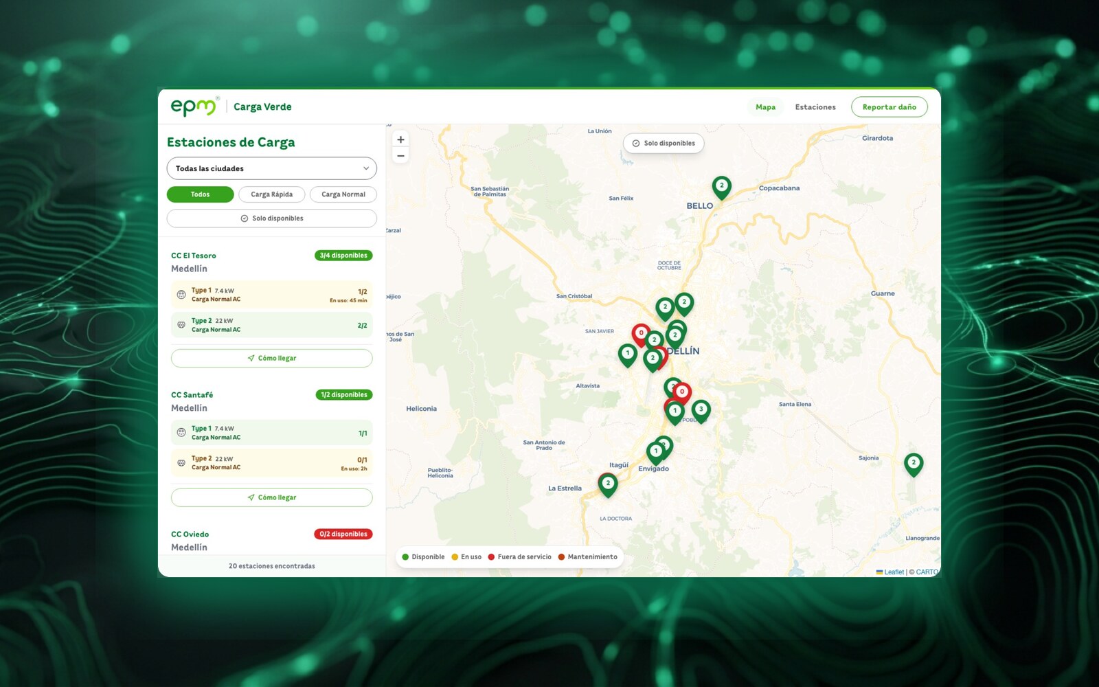 EPM Carga Verde EV charger app, shown floating in a spatial energy-grid scene