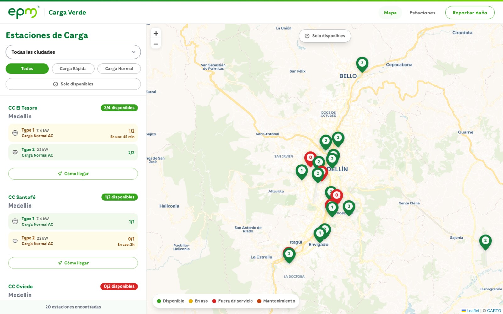 EPM Carga Verde map view: a sidebar list of charging stations with live availability and an interactive status map of the Medellin metro area