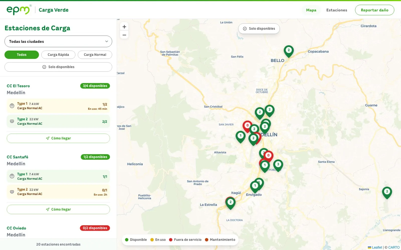 EPM Carga Verde map interface