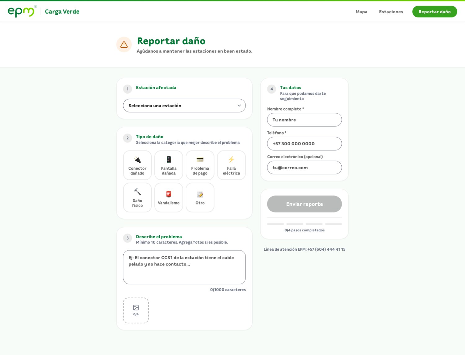 EPM Carga Verde damage-report flow: a guided form with station selector, seven damage-type categories, a description field with photo upload, and contact details