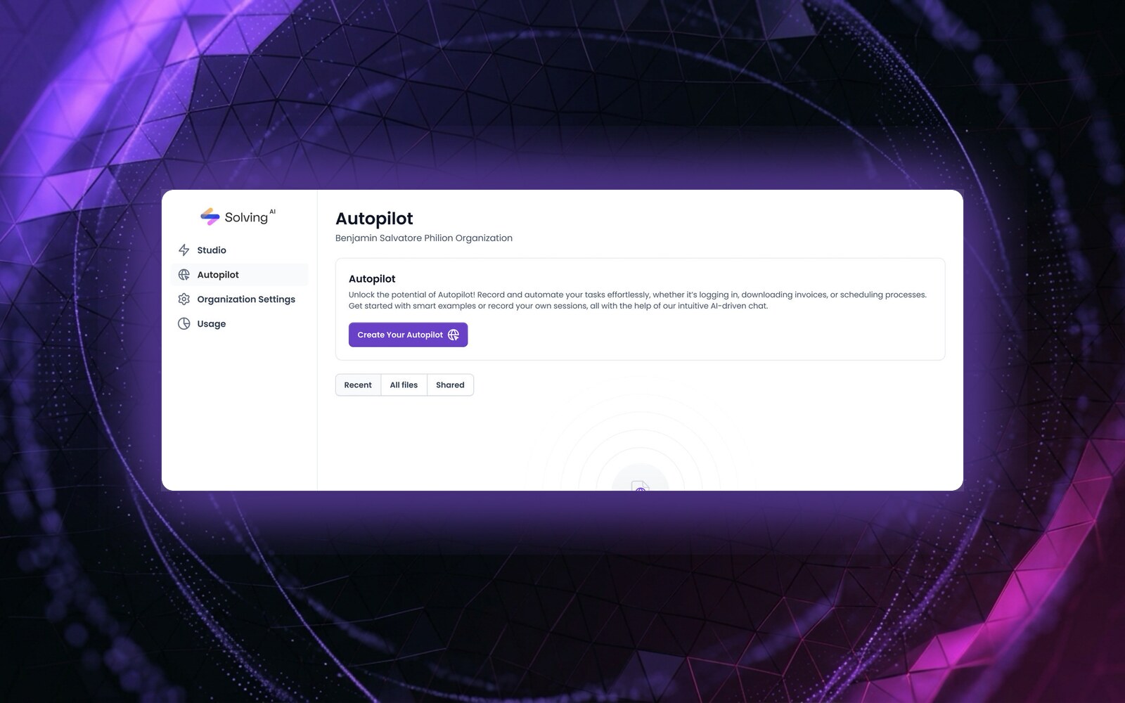 Solving AI Autopilot app, shown floating in a spatial quantum scene
