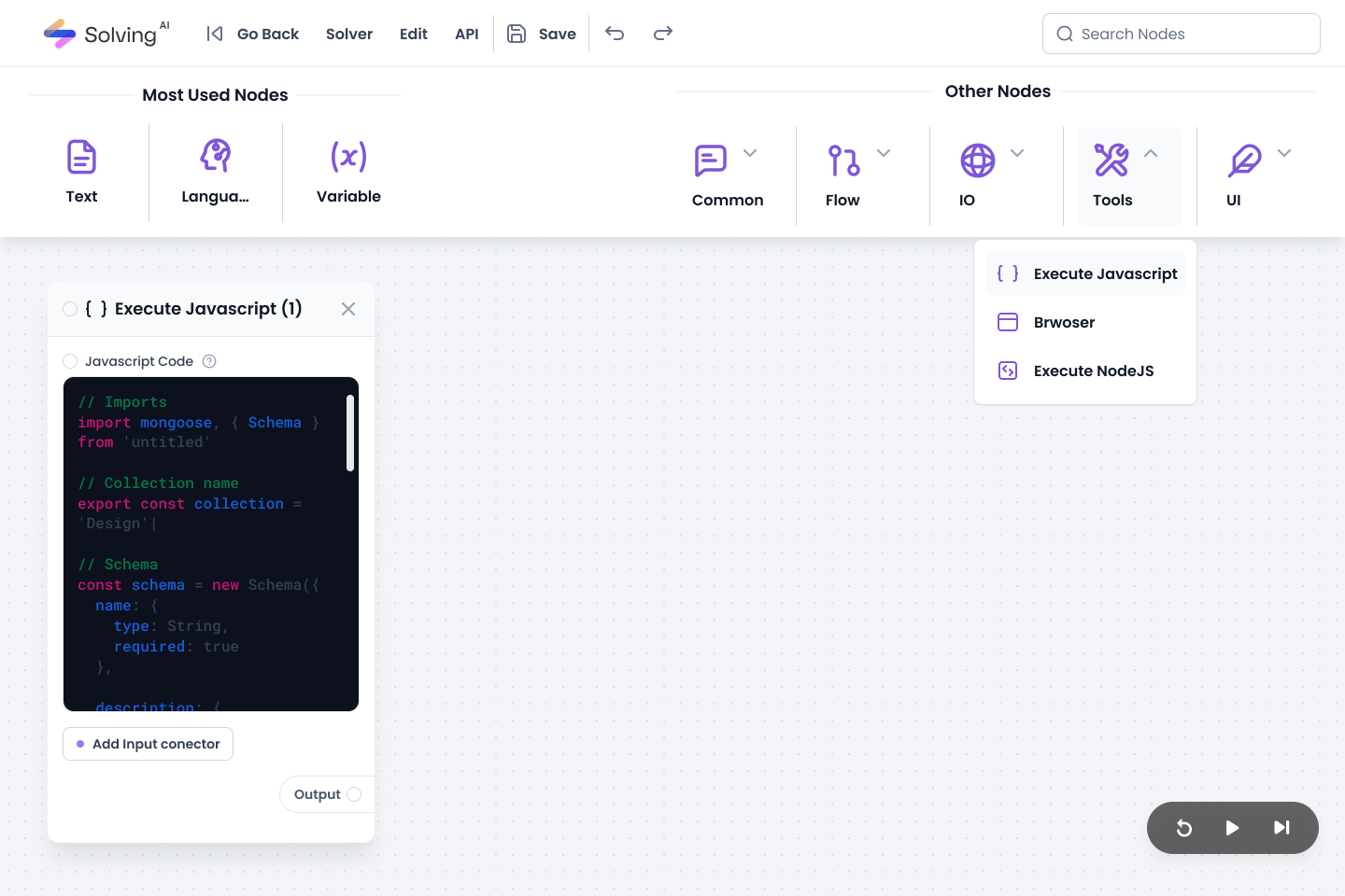 Solving AI node-based workflow builder with code execution, language models, and automation tools