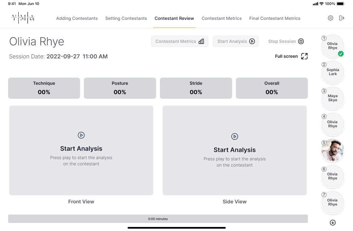 YMA Contestant Review pre-analysis state — the scoring panel and dual video views before playback begins
