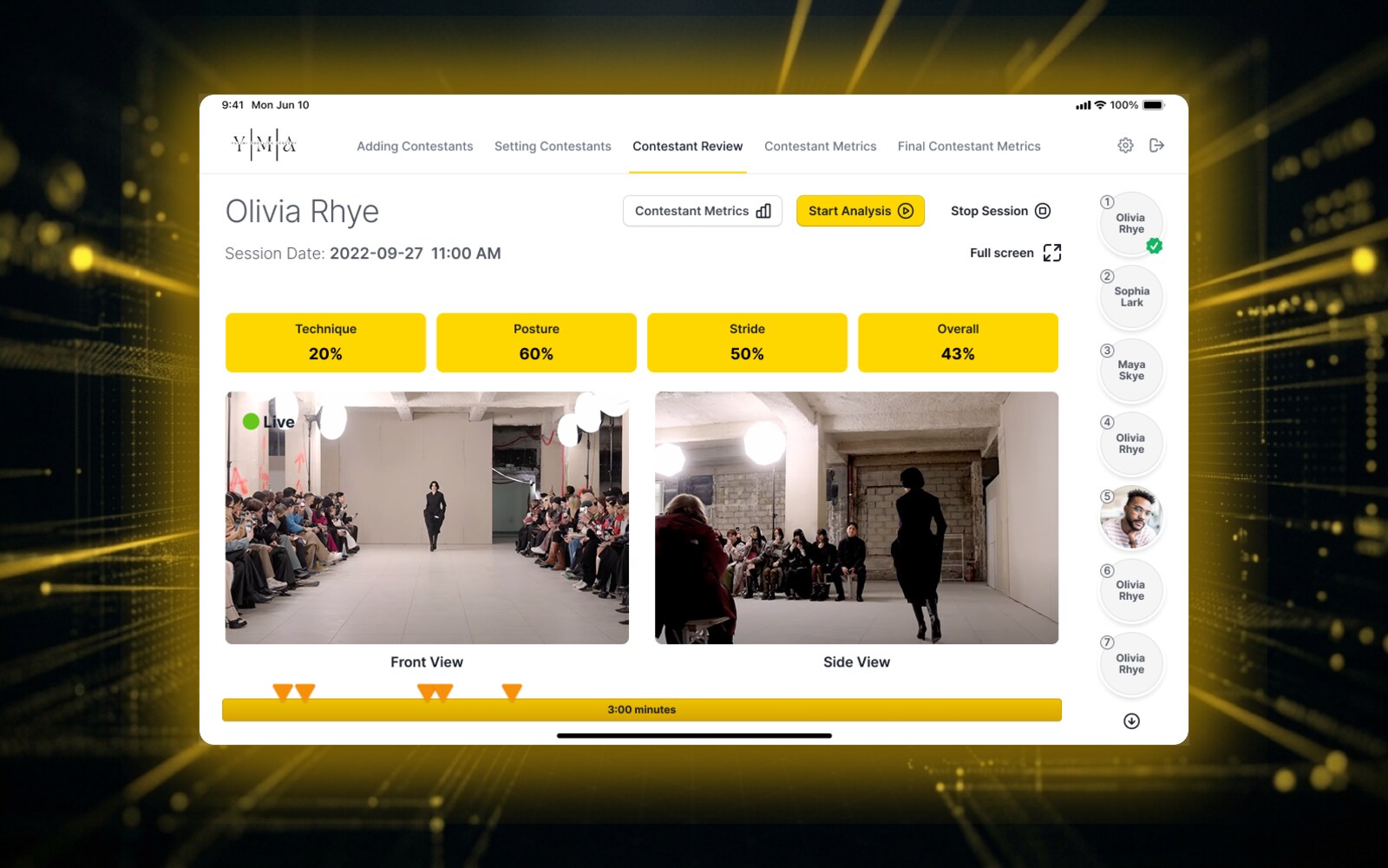 YMA contestant-review AI scoring app, shown floating in a spatial LiDAR scene