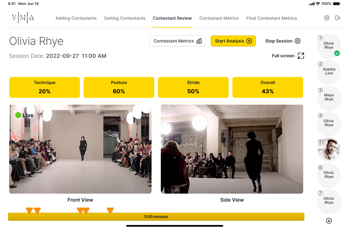 YMA Contestant Review showing live AI analysis with technique (20%), posture (60%), and stride (50%) metrics alongside dual front and side camera views