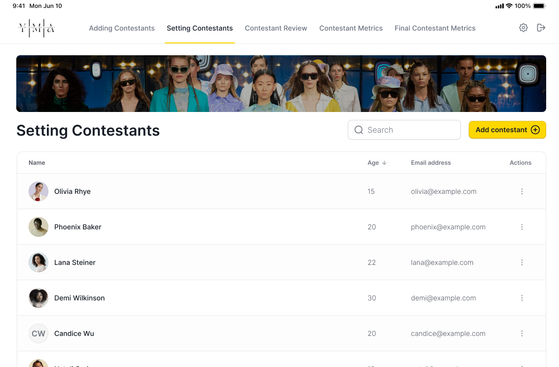 YMA Setting Contestants screen on iPad with navigation tabs, banner image, search, and a data table listing contestant names, ages, and email addresses