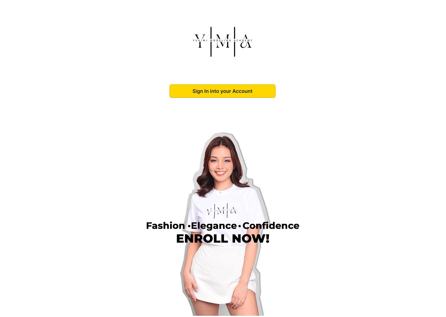 YMA landing page on desktop showing the enrollment hero with sign-in button, model photography, and Fashion Elegance Confidence tagline