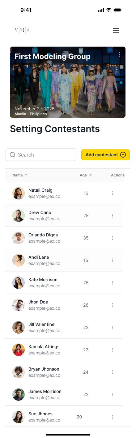 YMA Setting Contestants mobile list with contestant avatars, names, and ages in a compact touch-friendly layout